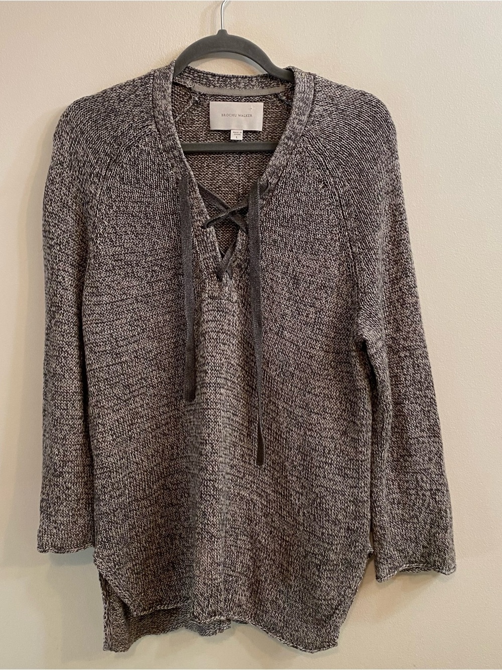 Brochu Walker Tulla Sweater Womens Large 100% Linen Gray Lace Up Boho Lagenlook